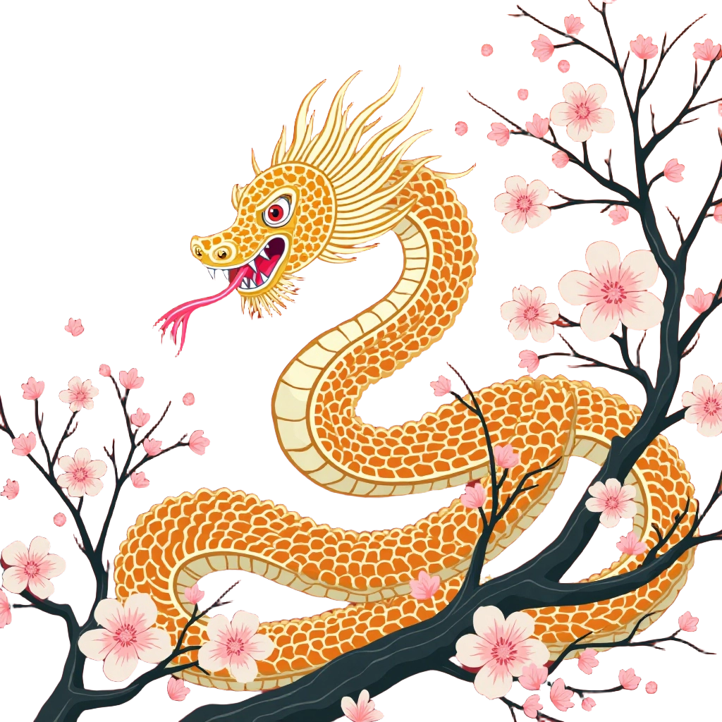 Golden Dragon Among Cherry Blossoms